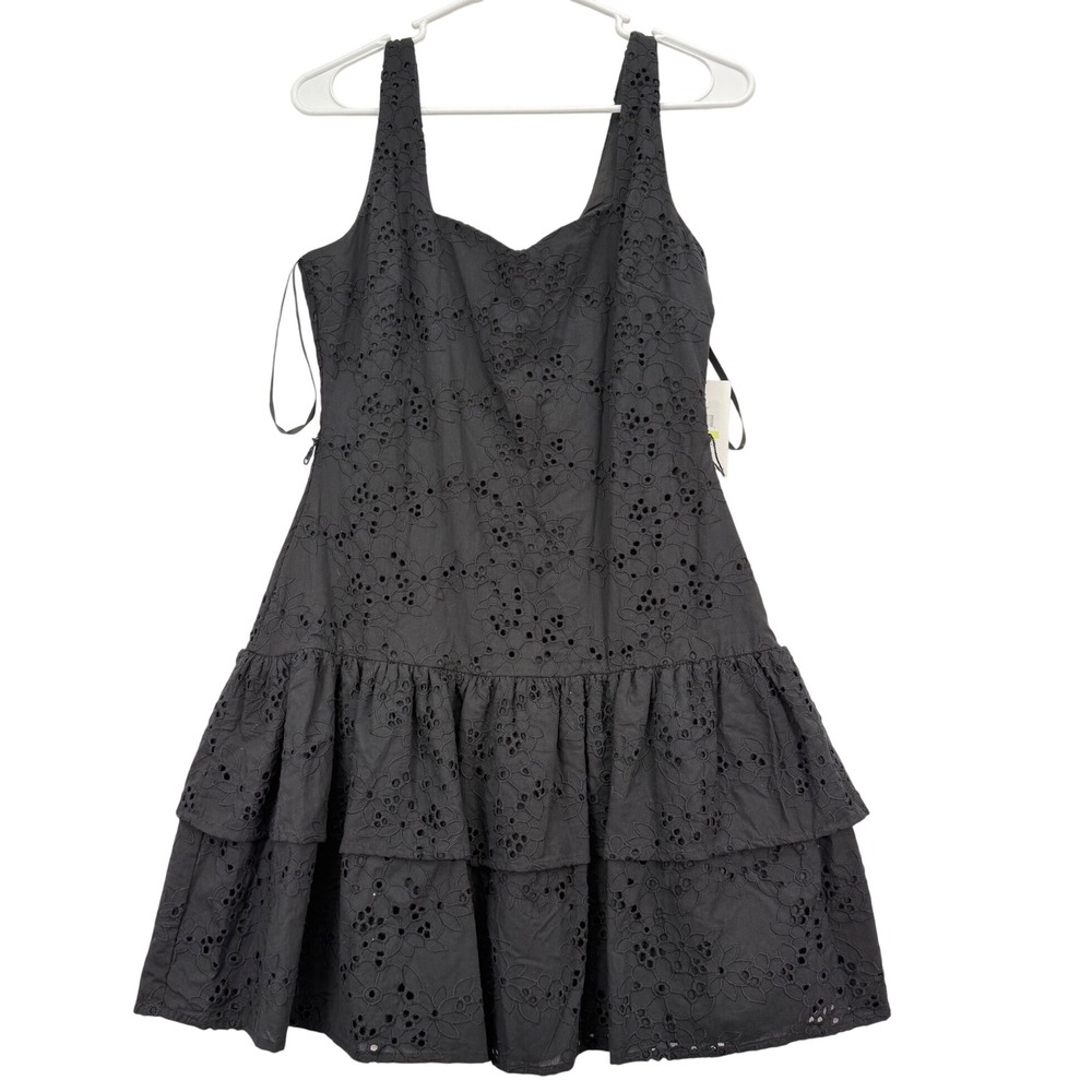 Kensie Eyelet Tiered Dress Women 4 New Black Sleeveless Cotton MSRP $128